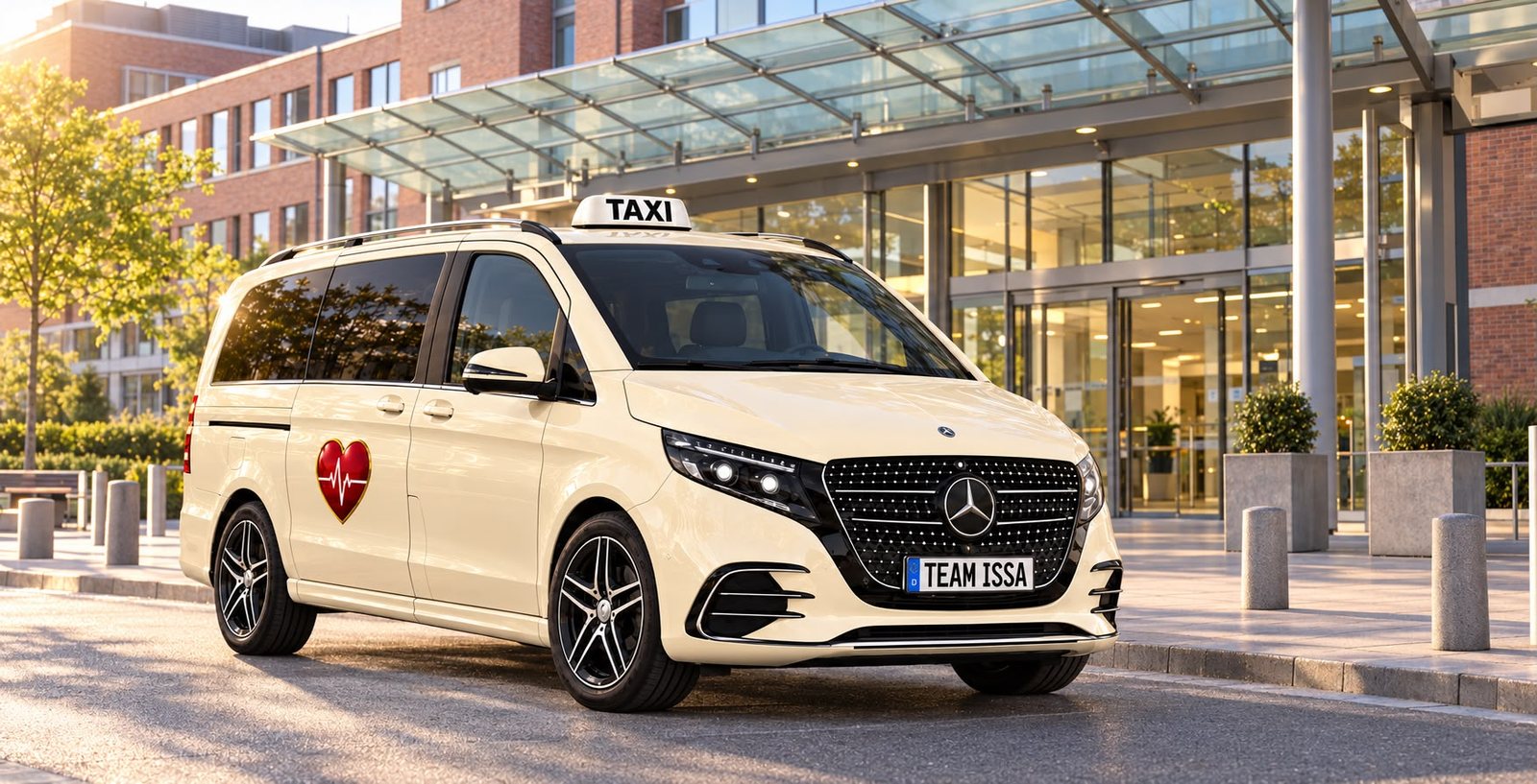 Mercedes-Benz Fahrzeug von Taxi Team Issa vor einer Klinik, einsatzbereit für Krankenfahrten